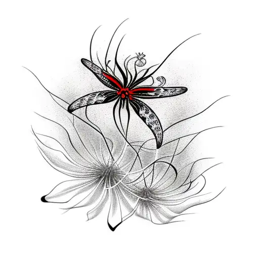Spider Lilies With Butterflies Black And Red With Abstract Lines And Japanese Inspiration