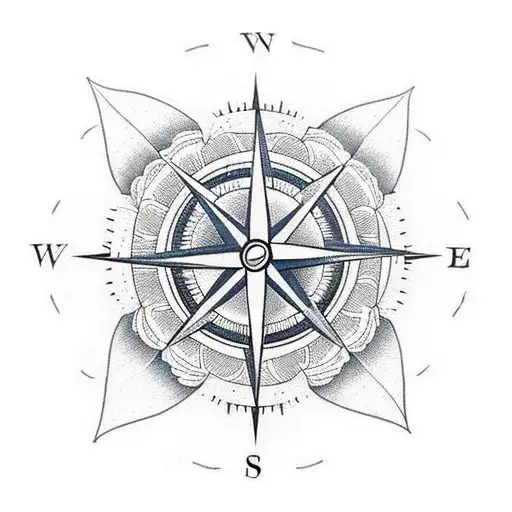 Compass With Flowers And Japanese Waves