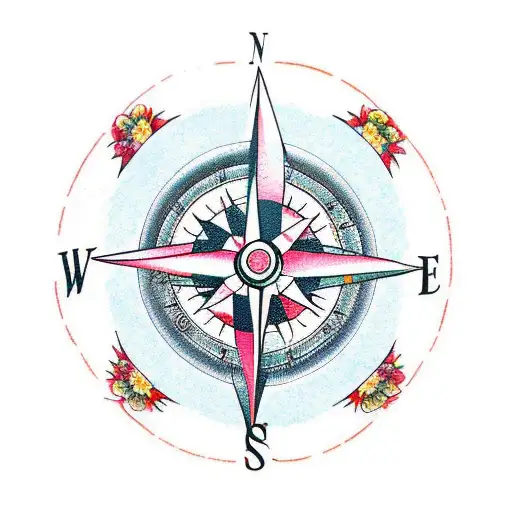 Compass With Flowers And Japanese Waves
