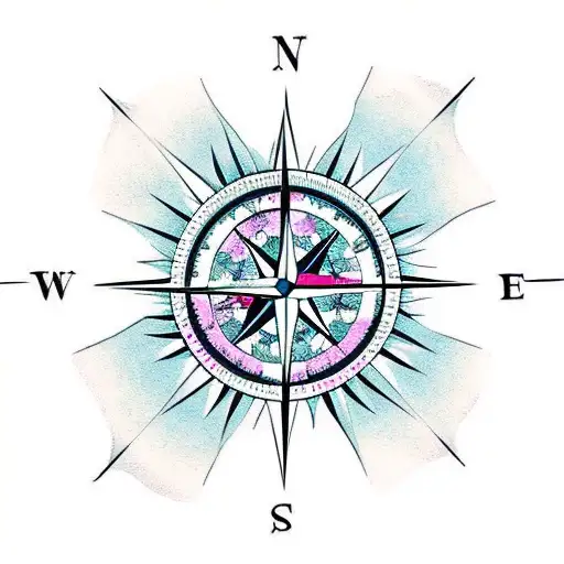 Compass With Flowers And Japanese Waves