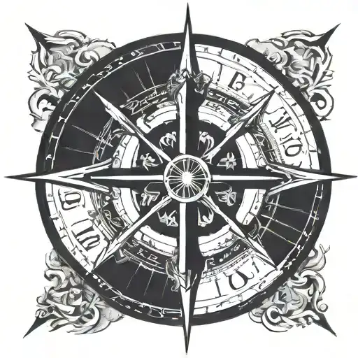 Very Large Black Catholic Cross Superimposed In The Center Of A Compass Rose