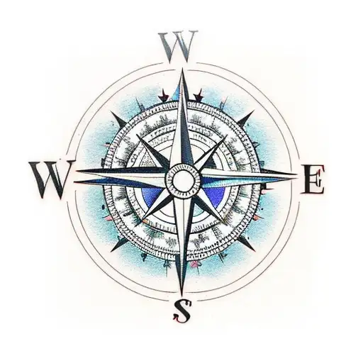 Compass With Flowers And Japanese Waves