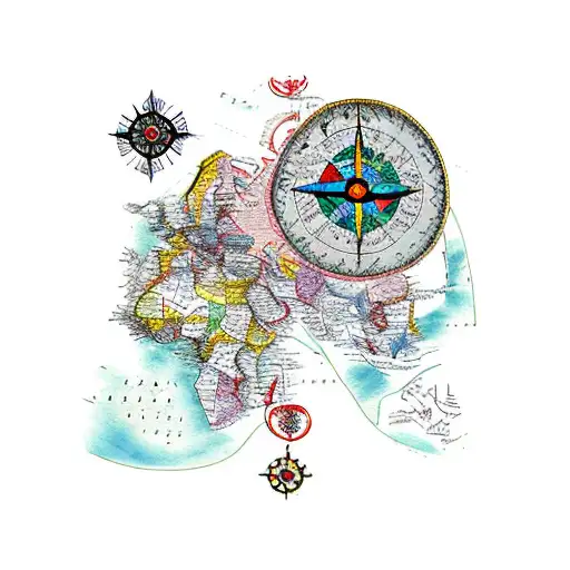 Old Style Navigation Map Of South America And Europe Including A Compass