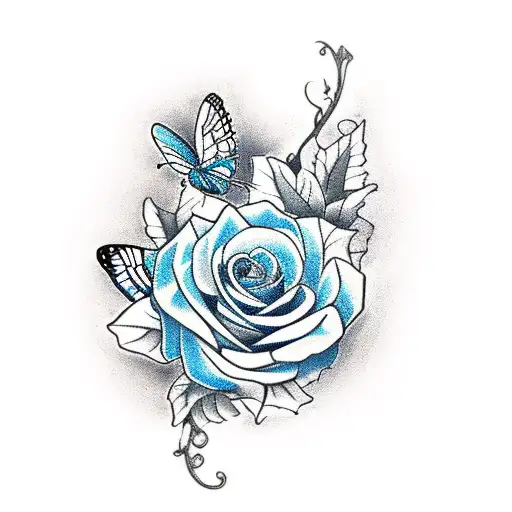 Blue Roses And Black And White Butterflies With A Semicolon