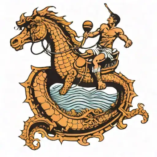 Water Polo Player Riding A Seahorse Swimming