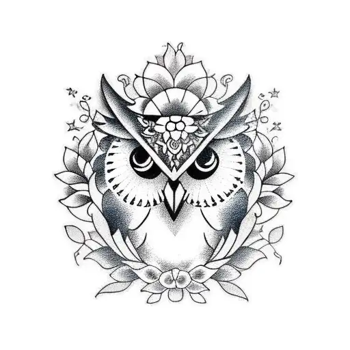 A Blackwork Tattoo Of A Majestic Owl Surrounded By Blooming Flowers And Musical Notes