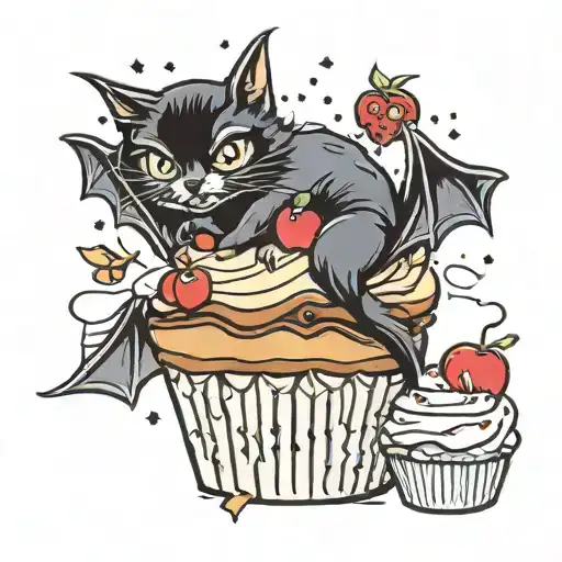 Gothic Bat Cat Sitting On A Cupcake With Sprinkles And A Cherry Skull On Top