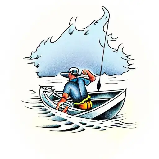 Fisherman In A Boat Having His Hand In The Ocean To Clean It For Blood