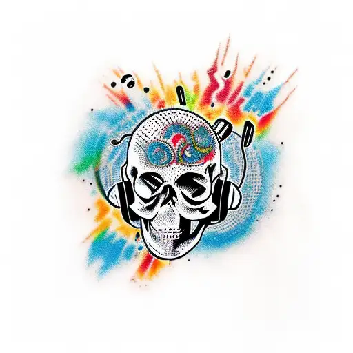 Exploding Skull With Music Notes And Water Waves Coming Out Of Top