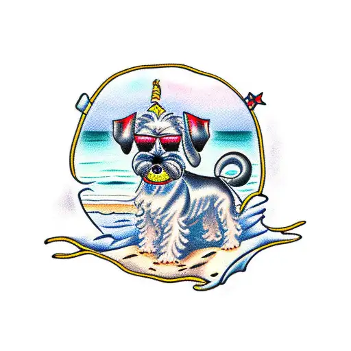 Mini Schnauzer And Women On Beach