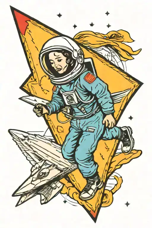 The Cosmonaut Kid Is Flying On A Paper Airplane