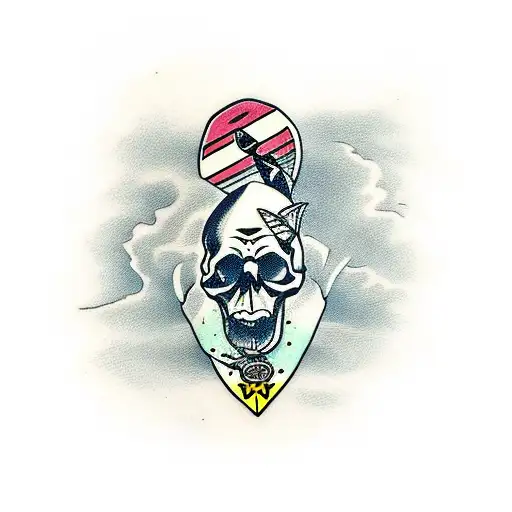 Skull With Legs Riding A Surfboard On A Wave