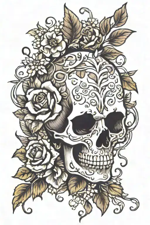 Dainty Flowers And Vines With A Skull In The Middle