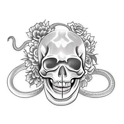 Snake Surrounded By Flowers With A Skull Centerpiece In Traditional Style