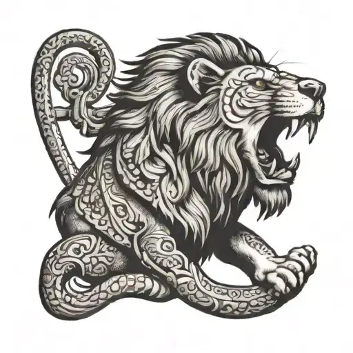 A Lion Holding Scales In His Jaws