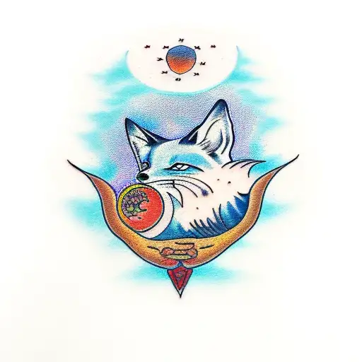 Kitsune With Moon And Sun