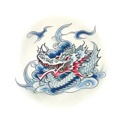 A Traditional Japanese Dragon Surrounded By Cherry Blossoms With A Black Ocean And Waves