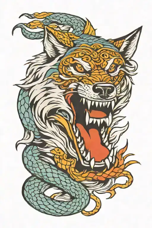 Wolf Face With Snake Wrapped