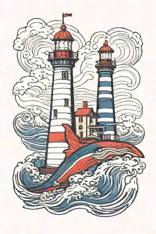 Lighthouse With Waves And Ocean Below Whales And Shark
