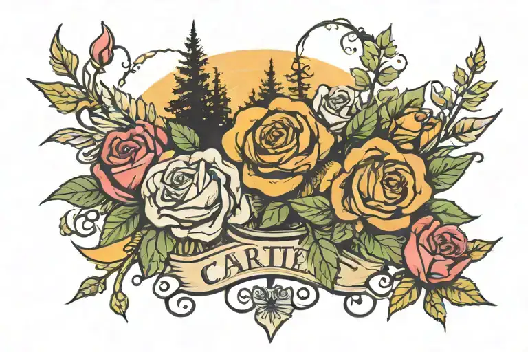 Carter Word Chest Tattoo With Roses And Trees Colors Sunset