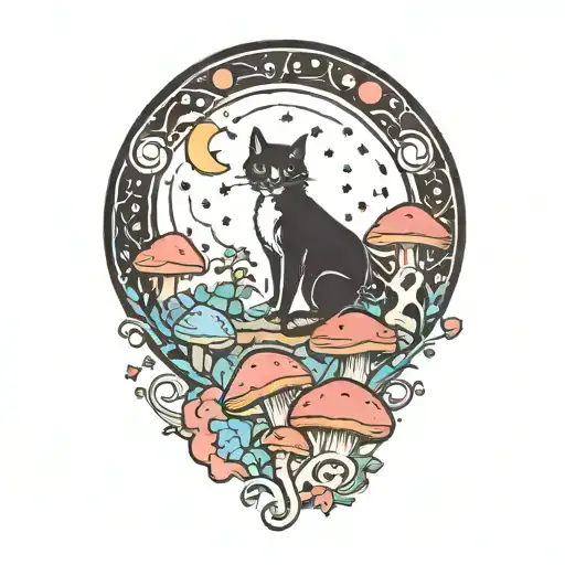 Moon With Black Witch Cat And Colorful Mushrooms Growing