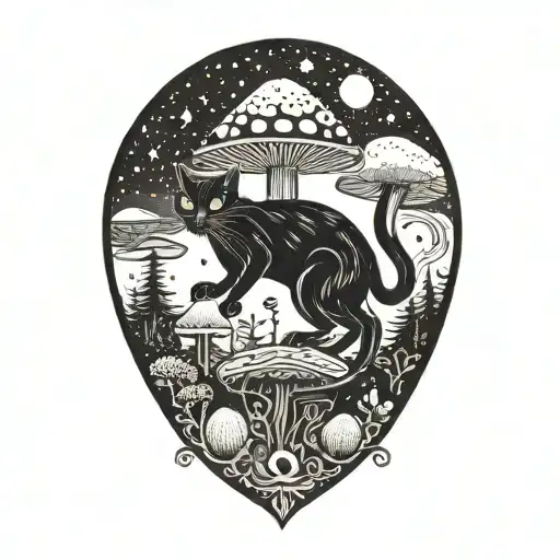 Black Cat And Magic Mushroom With Moon