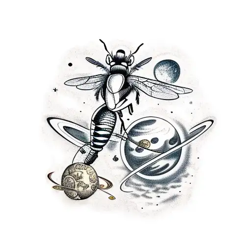 A Queen Honey Bee And A Mushroom With Some Planets