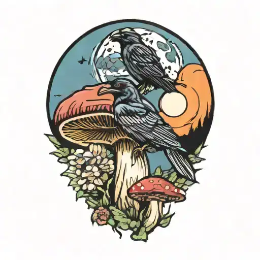 Colorful Mushroom With Ravens And Moon