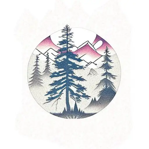 Pine Tree Silhouette With A Lake Cabin In The Middle And Mountains Above The Cabin