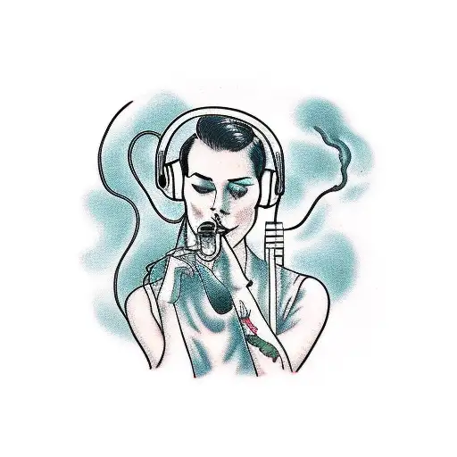 A Smoking Woman With Headphones Listening To Music