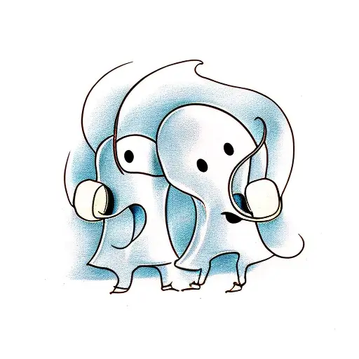 Two Cute And Happy Ghosts Playing Around And Listening To Music