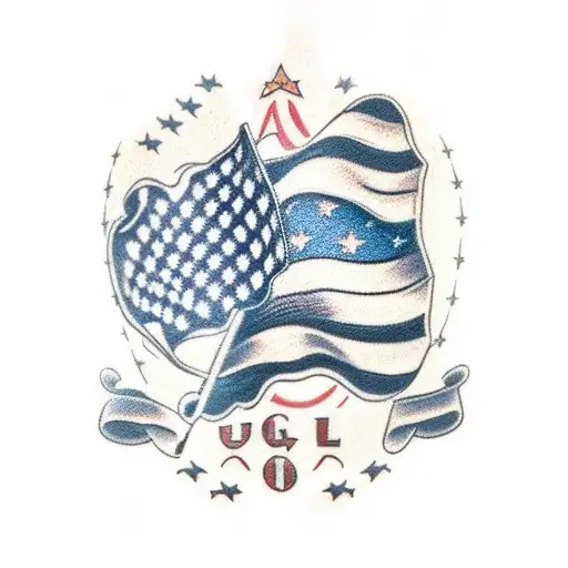 A Tattoo Of An American Flag With A Silhouette Of A Government Building In The Background