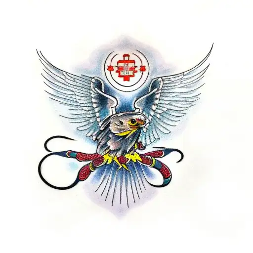A Traditional Style Tattoo Of A Medicine Symbol Incorporating A Crow And A Snake