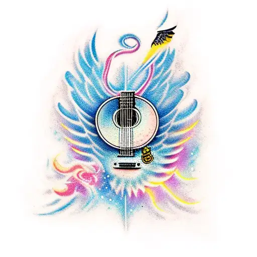 A Guitar With Wings And A Burst Of Colorful Smoke