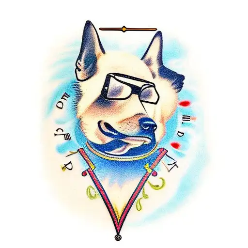 A Traditional Style Tattoo Of A Dog Surrounded By Clocks And Glasses