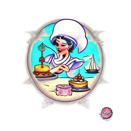 A Traditional Tattoo Of A Confectioner Creating A Beautiful Cake With A Serene Beach Background