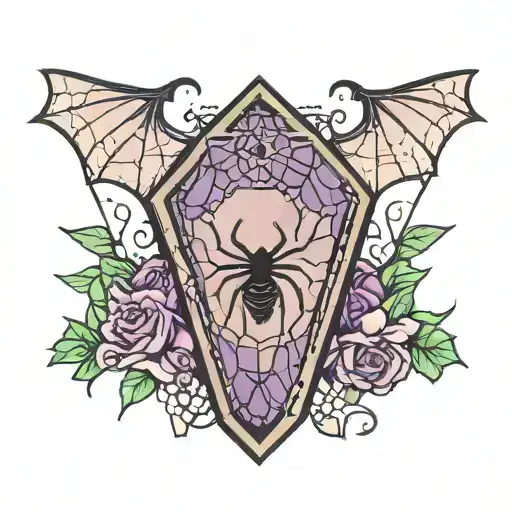 Coffin Outline With Bats And Spider Webs Entwined With Black Purple And Green