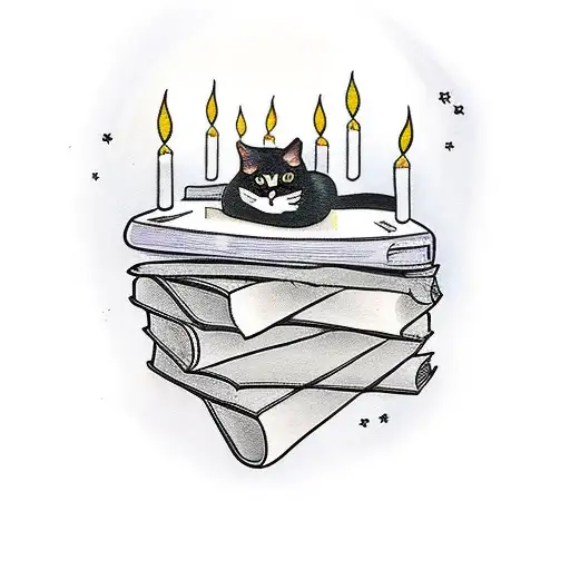 Black Cat On Top Of Books With Candles Around And Things Related To Witchcraft