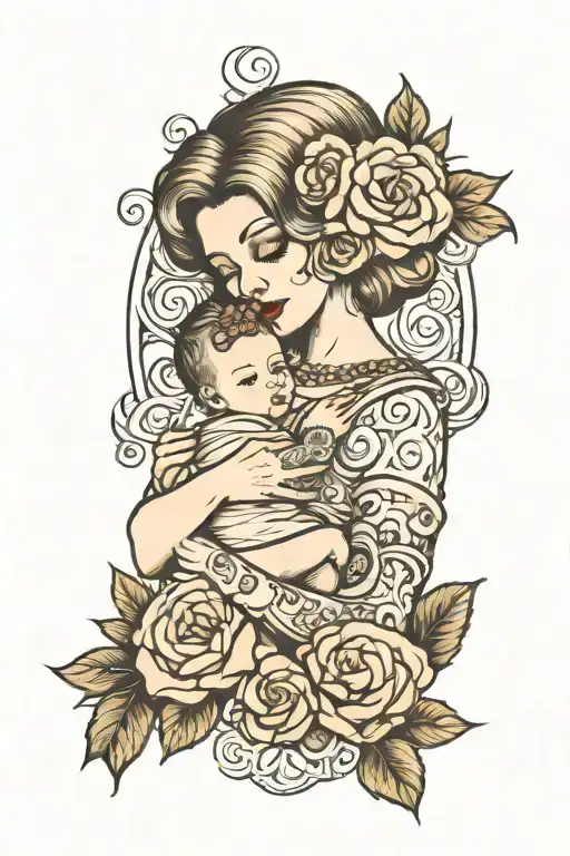 Pretty Neo Traditional Mom Holding A Baby Girl With Neo Traditional Heart Border