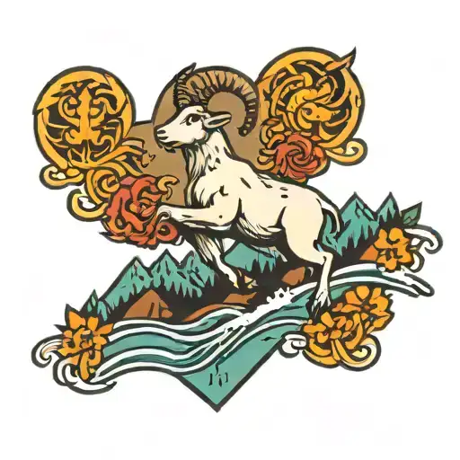 A Traditional Style Tattoo Of A Mountain Goat Jumping Over A River Of Peace Symbols