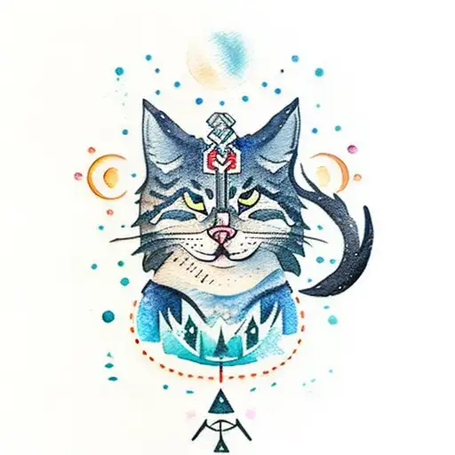 Inuit-inspired Watercolor Tattoo Of A Cat In A Moonlit Forest