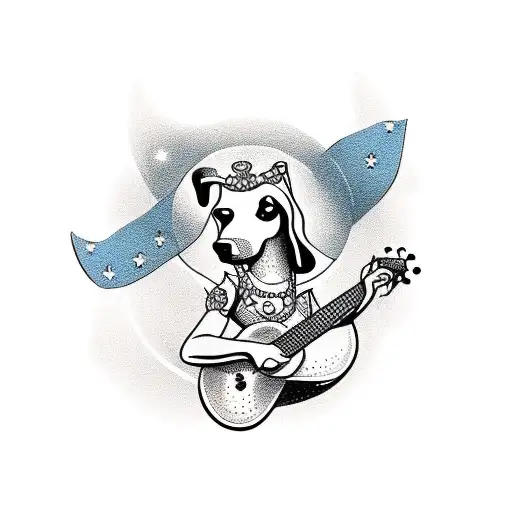 A Dotwork Tattoo Of A Woman With A Dog-shaped Guitar