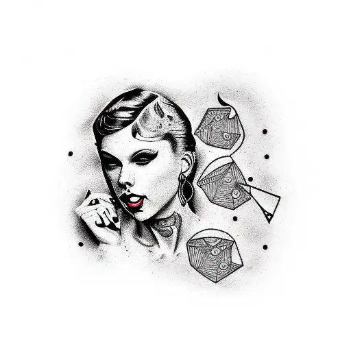 A Dotwork Tattoo Of Taylor Swift's Silhouette Surrounded By Pop Song Lyrics Written As Book Pages