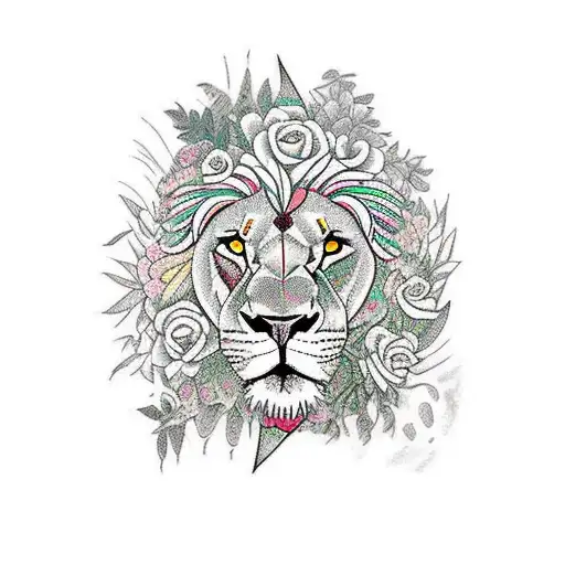 A Lion In A Jungle Surrounded By Vibrant Flowers