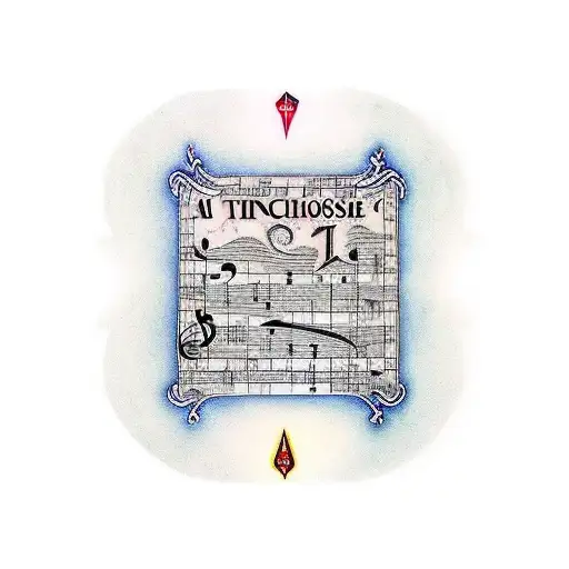 A Traditional Tattoo Of A Music Sheet With The Words 'Chosen One' In A Banner