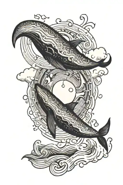 Huge Moon With Waves And Music Notes Around It And A Whale