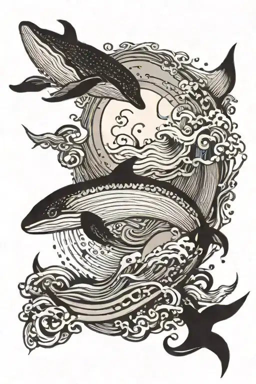 Huge Moon With Waves And Music Notes Around It And A Whale Around It