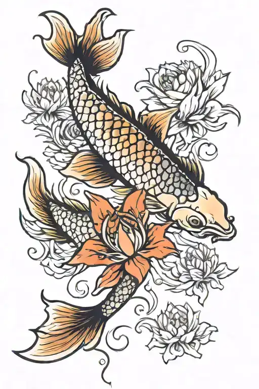 Koi Fish And Lycoris Radiata Flowers