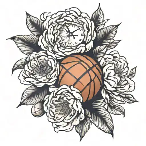 Peony Flower With A Basketball And A Clock In A Middle
