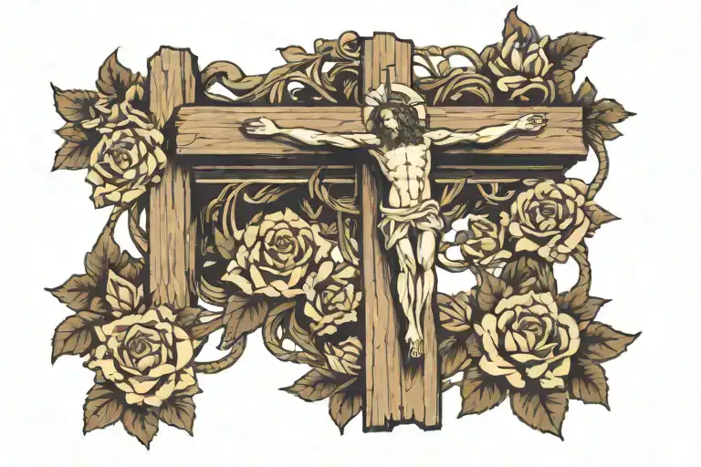 Wooden Cross In The Middle With Jesus On It Angel On Each Side Of The Cross Praying To It